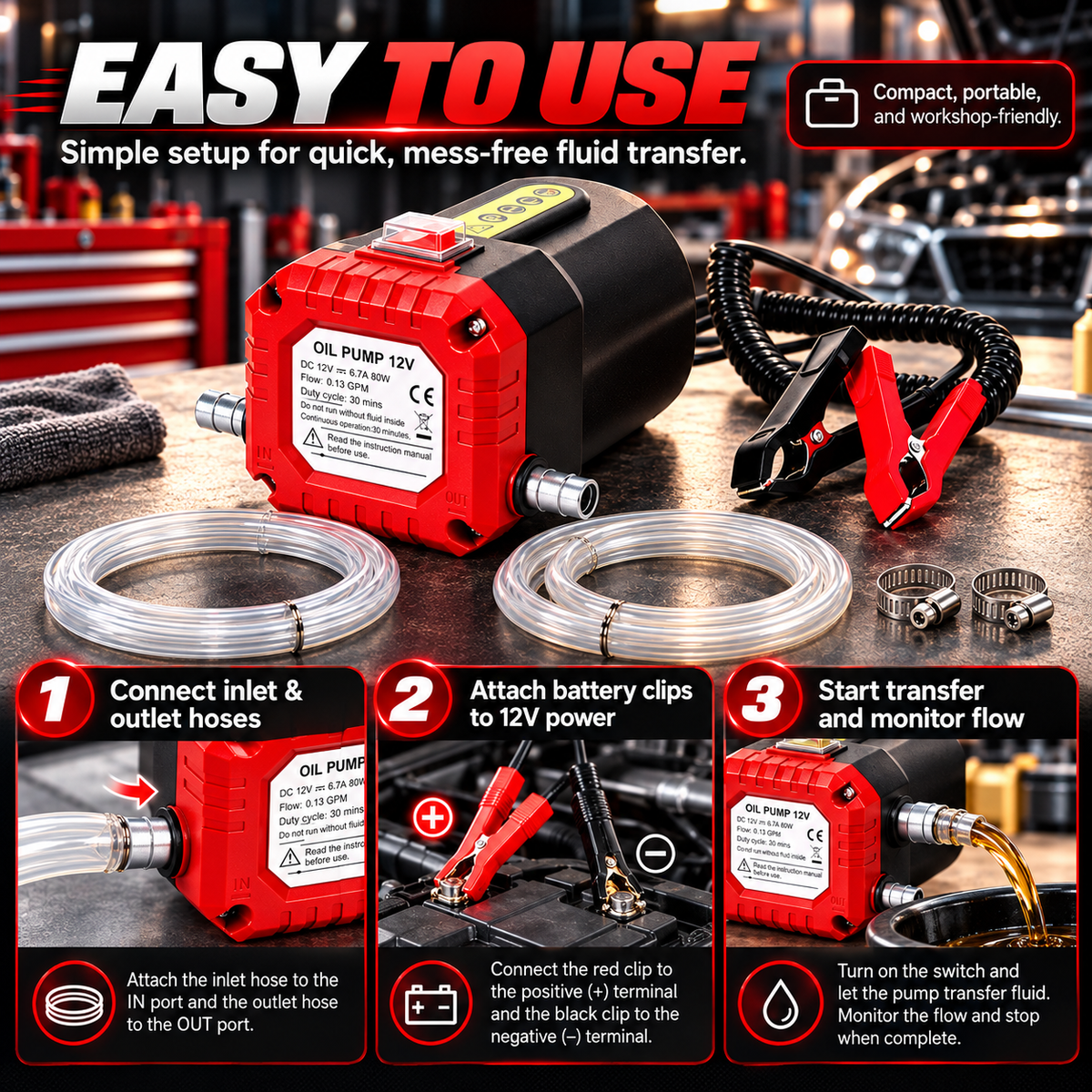 🛢️⚡ 12V 80W Electric Oil Extractor Pump – Engine Oil & Gear Oil Transfer Kit with Hoses