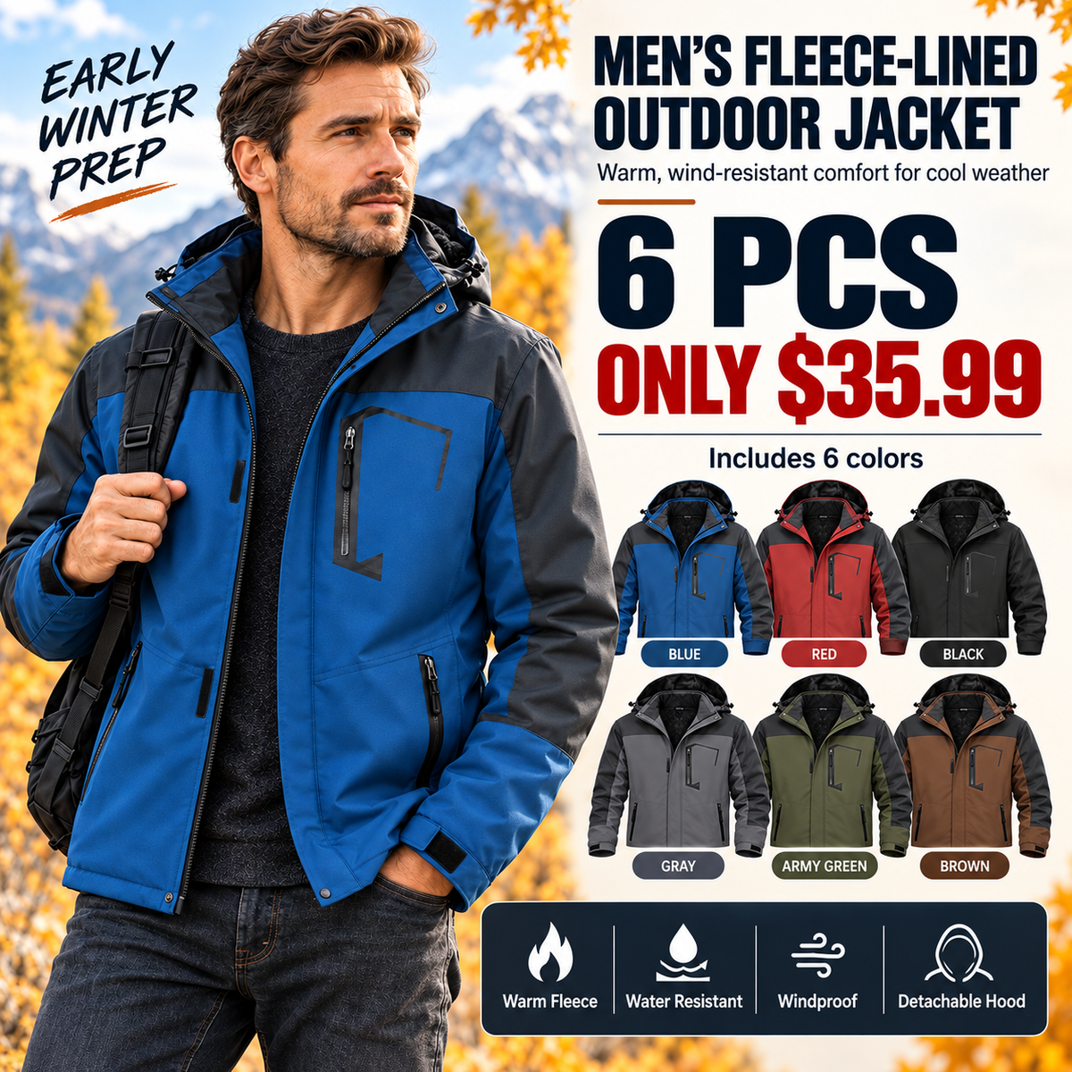 Men's Fleece-Lined Waterproof-Resistant Outdoor Jacket
