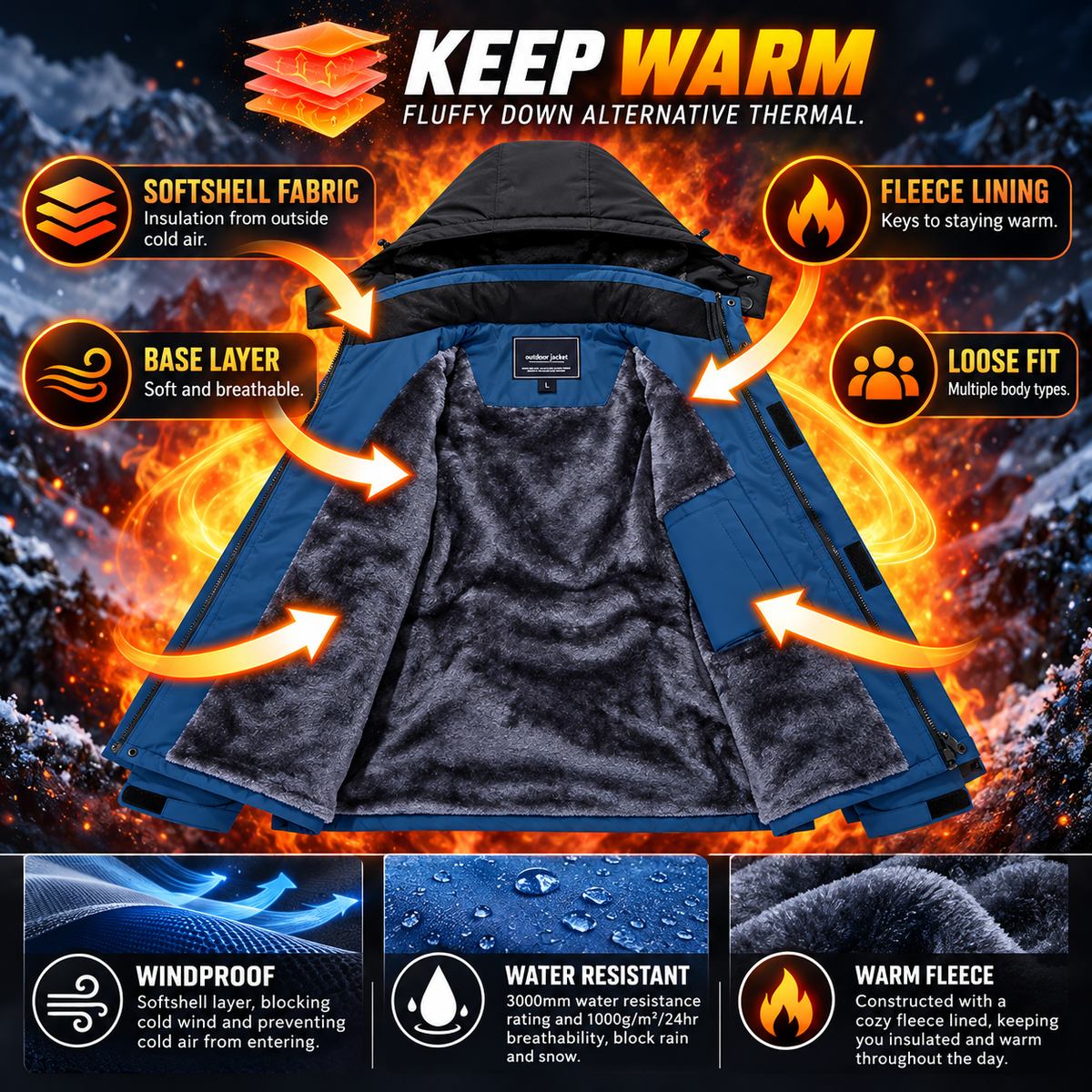 Men's Fleece-Lined Waterproof-Resistant Outdoor Jacket