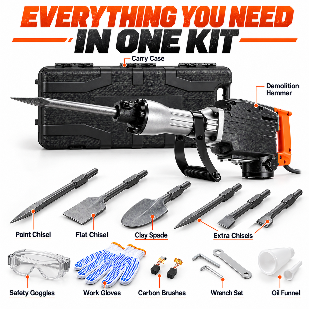 Professional 2200W Demolition Hammer – Powerful Concrete Breaker With Complete Tool Kit