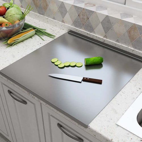Heavy-duty stainless steel cutting board for the kitchen, with raised edges, non-slip surface, and knife protection
