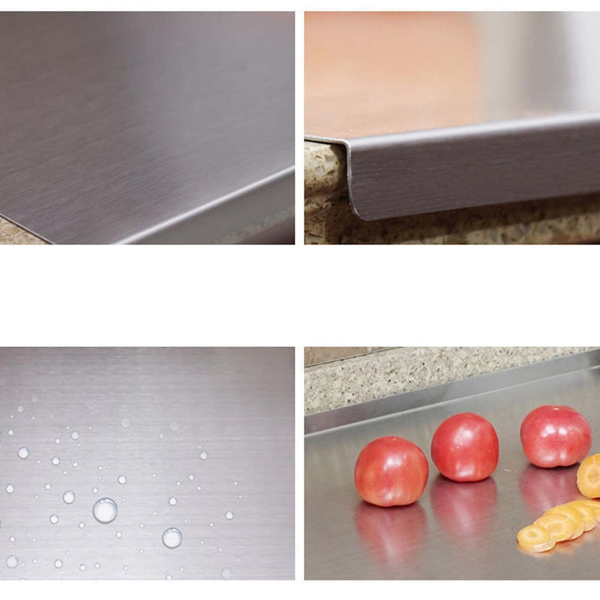 Heavy-duty stainless steel cutting board for the kitchen, with raised edges, non-slip surface, and knife protection